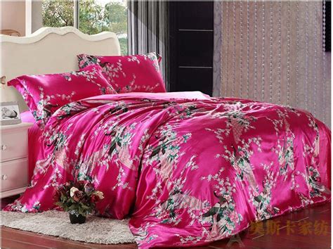 Peacock Feather Print Hot Pink Silk Bedding Comforter Set For King Queen Full Twin Size Duvet