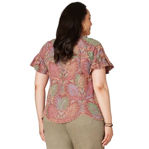 Plus Size Democracy Ruffled Short Sleeve Embroidered Leaf Blouse Boscovs