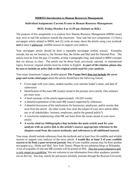 F21 Newspaper Assignment Mhr523 Introduction To Human Resources