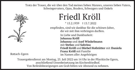 Traueranzeigen von Friedl Kröll trauer merkur de