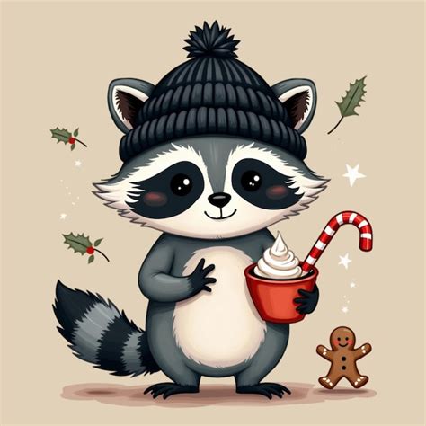 A Xmas Raccoon Wearing A Black Beanie Holds A Mug Of Hot Cocoa Topped
