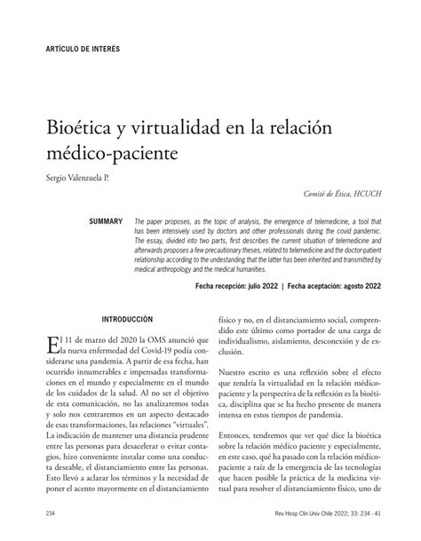 Pdf Bioética Y Virtualidad En La Relación Médico Paciente