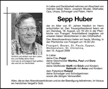 Traueranzeigen Von Sepp Huber Trauer Bz