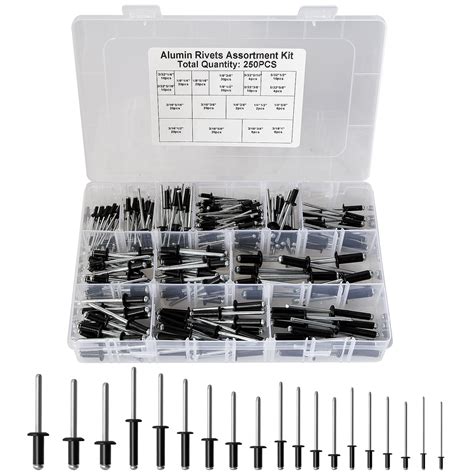 250pcs Black Pop Rivets Assortment Kit Aluminum Blind Black Rivets