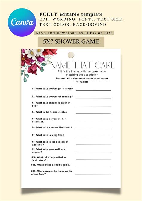 Name That Cake Bridal Shower Game Template Tea Party Bridal Game