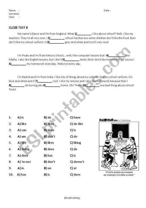 English Worksheets Cloze Test