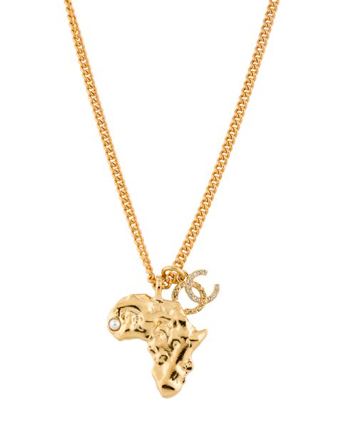 Chanel Faux Pearl Strass Africa Map Pendant Necklace Gold