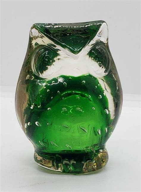 Vintage Lefton Green Glass Owl Paperweight Figurine Japan Orig Etsy