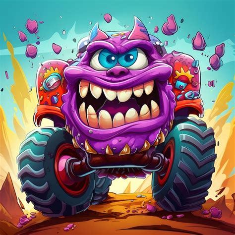 Premium Photo Funny Cartoon Racing Monster Truck With Powerful Engine