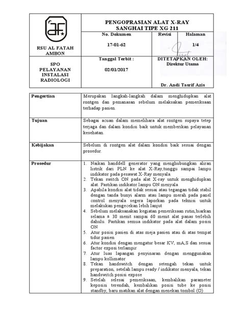 17 01 62 Sop Pengoperasian Alat X Ray Pdf