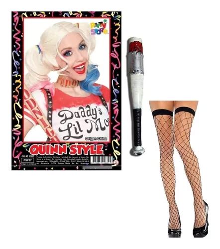 Combo Harley Quinn Disfraz Kit Peluca Bate Medias De Red