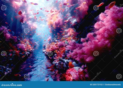 Underwater River Panorama Fluvial Scene With Fishes And Aquatic Plant