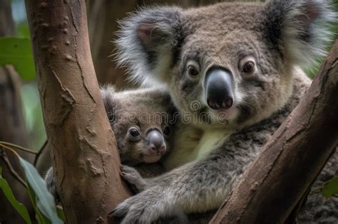 Koala Mutter Mit Jungem Klammern An Ihr Im Koch Eines Baumzweiges Stock