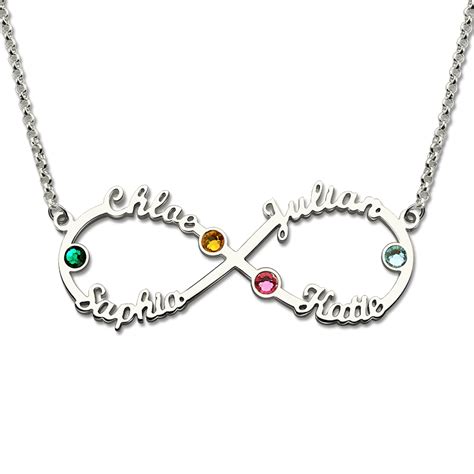 Sterling Silver Infinity Four Name Necklace With Birthstones