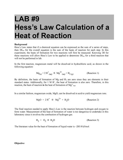 Exp 9 Hess S Law Ghj LAB Hesss Law Calculation Of A Heat Of