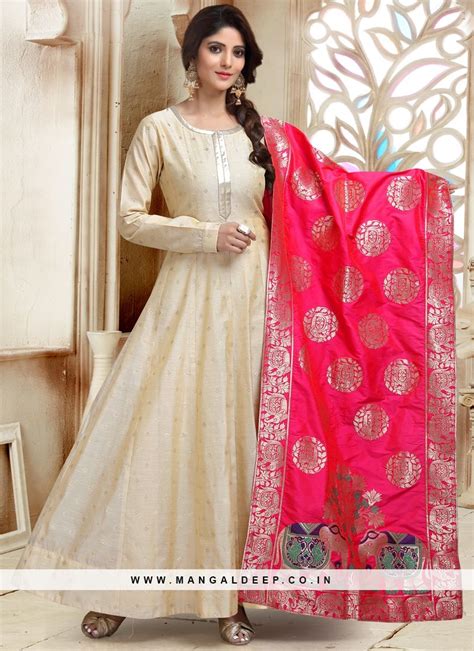 Cream Readymade Anarkali Suit With Banarasi Silk Dupatta Silk Dress