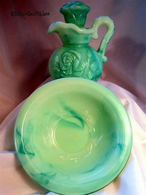 Avon Collectible Pitcher And Bowl Set Jade Milk Glass Etsy