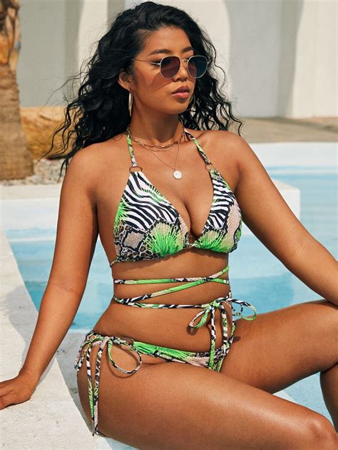 Plus Size Zebra Striped Snakeskin Bikini Set Summer Beach SHEIN USA