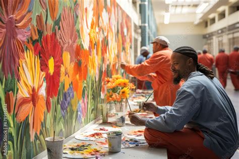 Inmates Collaborating On A Mural That Covers The Prison Courtyard Walls