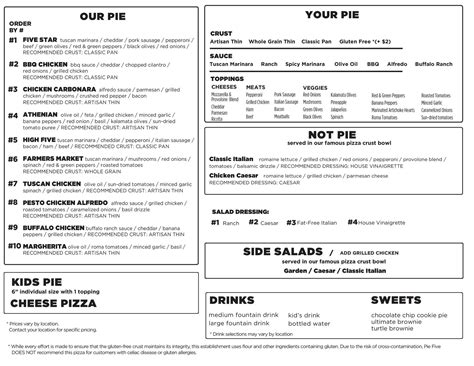 Pie Five Pizza Co Menu Menu For Pie Five Pizza Co Westport Kansas City Missouri