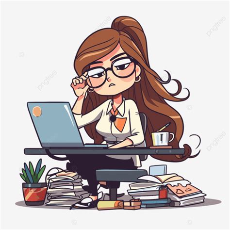 Busy Secretary Vector Sticker Clipart Cartoon Girl In Glasses Working