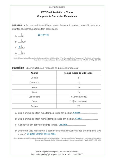 Pdf Pet Final Avaliativo Ano Componente Curricular Matem Tica