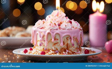 Birthday Candle On Marshmallow Indulgence Pink Table Unhealthy Stock