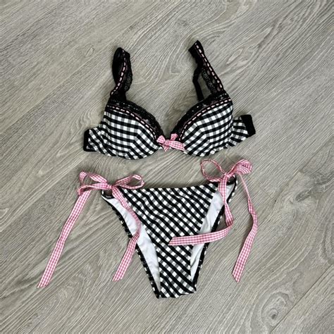 Vintage Y K Gingham Padded Bikini With Bow Tie Depop