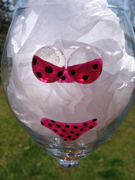 Beach Babe Pink Bikini Polka Dots D Boobs Hand Painted Wine Glass