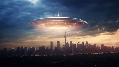 Unidentified Flying Object Ufo Hovering Over A City Skyline During A