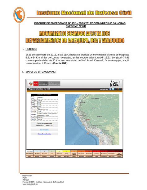 Pdf Informe De Emergencia N Sismo Realiz La Evaluaci N De