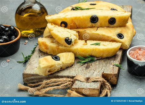 Traditional Italian Focaccia Bread With Olives Rosemary On A Light Background Restaurant Menu