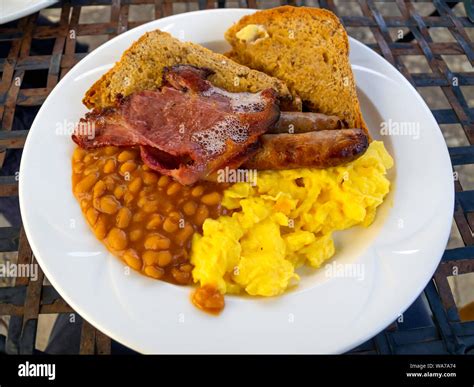 English Farmhouse Eaten Outdoors Breakfast Bacon Scrambled Egg Sausages