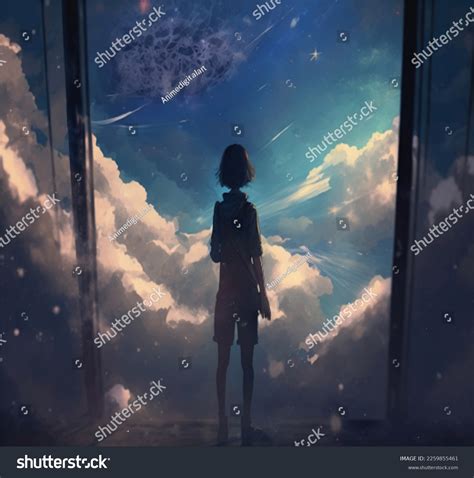 Anime Girl Standing Alone Watching Clouds Stock Illustration 2259855461