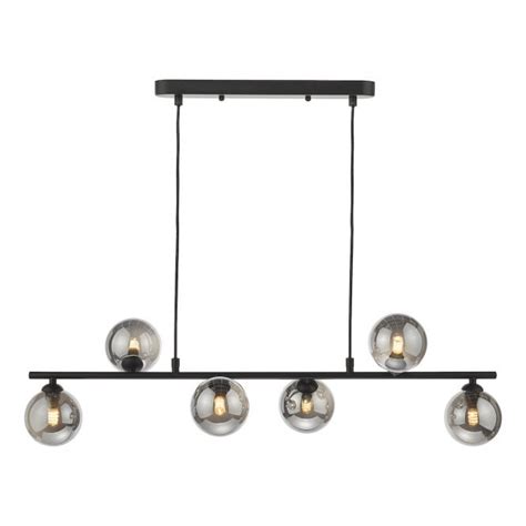 SPIRAL Ceiling Pendant Bar Matt Black Smoke Glass Globes 6 Light