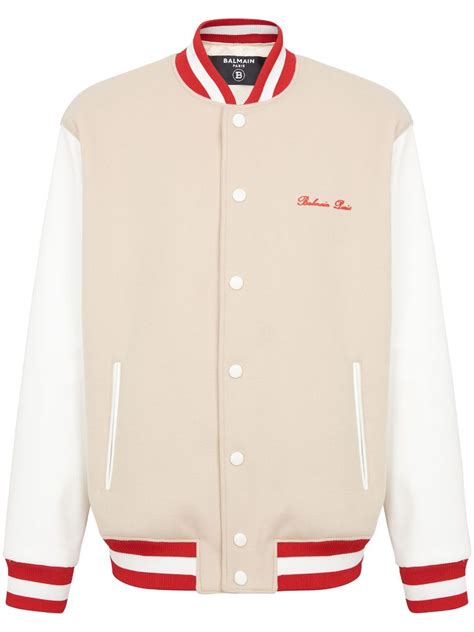 Balmain Signature Embroidered Wool Varsity Jacket Neutrals Farfetch