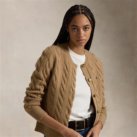 Ralph Lauren Cable Knit Wool Cashmere Cardigan In Collection Camel