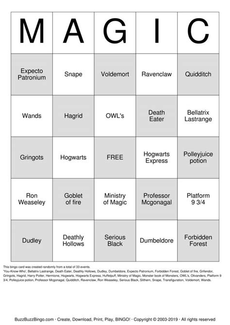 Harry Potter Bingo Printable Free Free Templates Printable