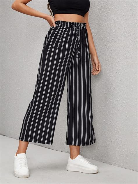 Shein Ezwear Pantalones De Pierna Ancha De Rayas De Cintura Con Cord N