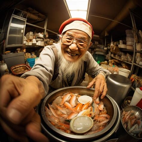 Um homem está vendendo peixe em um mercado outro segurando um pote