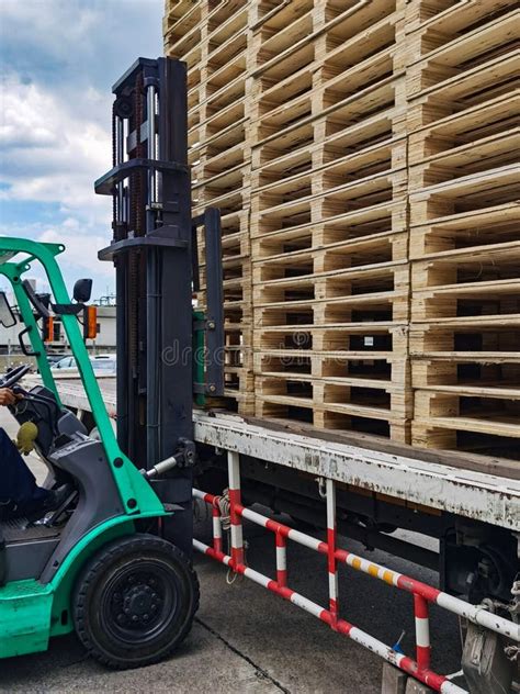 Worker Driving Forklift To Loading And Unloading Wooden Pallets From