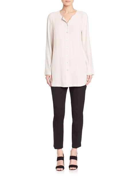 Eileen Fisher Silk Button Down Shirt In White Lyst