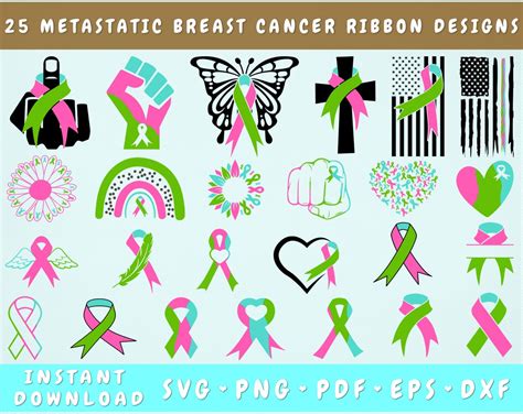 Metastatic Breast Cancer Ribbon Svg Bundle 25 Designs Pink Green