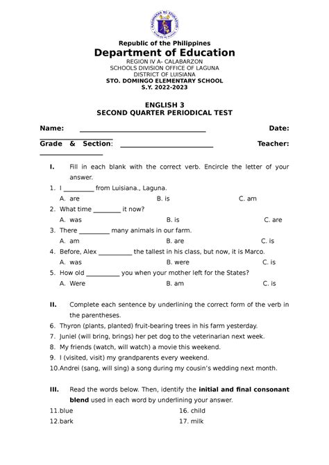 Second Periodical Test In English 3 Republic Of The Philippines Department Of Education Region