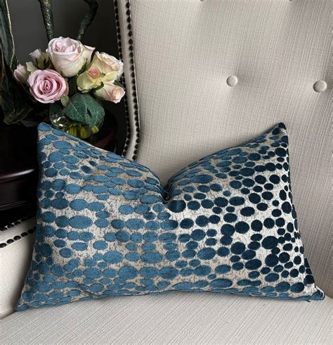 Lumbar Teal Blue Throw Pillow Cover Pillow With Cut Velvet X