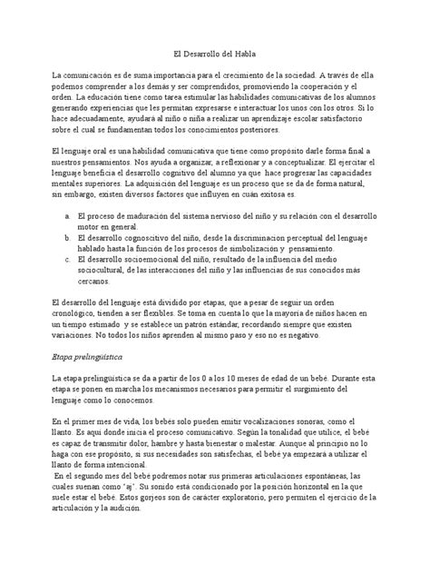 El Desarrollo Del Habla Pdf Palabra Aquisición De Idioma