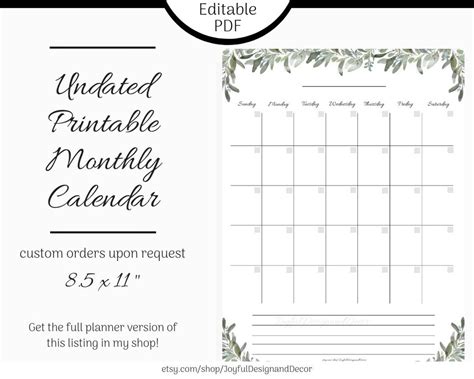 Blank Greenery Monatskalender Bearbeitbarer Kalender Etsy De