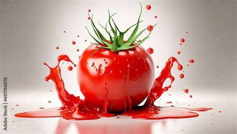 Red Tomato With Juice Or Ketchup Splash Isolated On White Background 3d