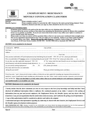 Fillable Online Higos Co Unemployment Redundancy Monthly Continuation