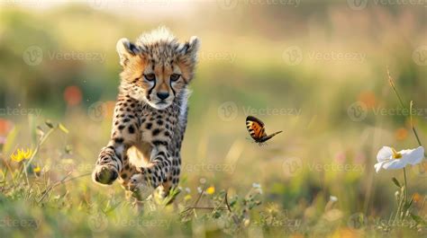 Cheetah Cub Playfully Chasing Butterfly in Sunny Meadow Wildlife
